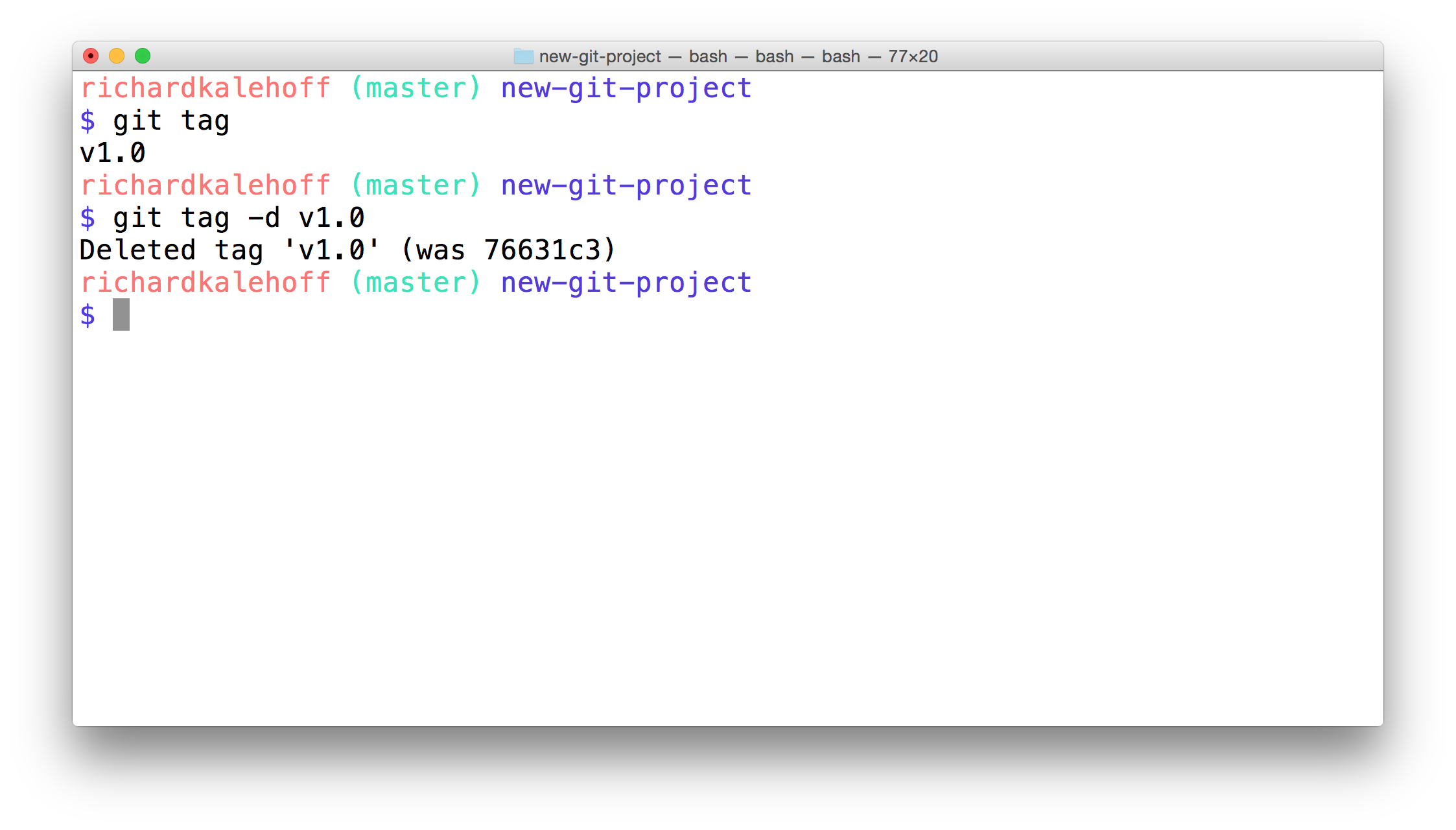 _The Terminal application showing the removal of a tag by using the `-d` flag. The command that is run is `git tag -d v1.0`._